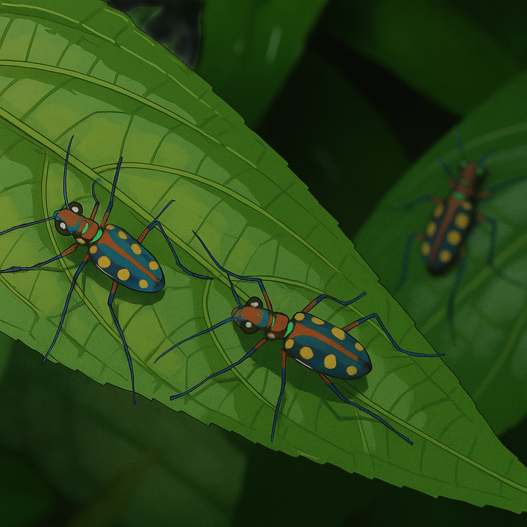 Blue Iridescent Beetles on Lush Leaf